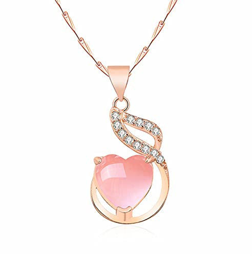 HCMA Argent 925 Bijoux Femmes Collier avec Coeur Forme Rose Quartz Zircon Pierres précieuses Pendentif Cadeaux pour Mariage fête Bijoux Cadeau