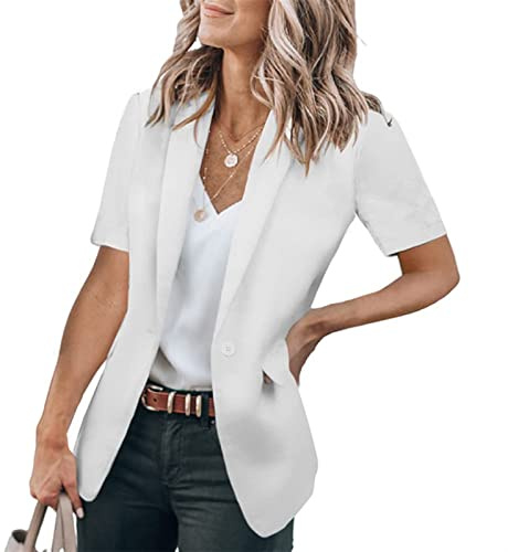 Sawmew Kurzärmliger, Leichter Büro-Anzugsjacken-Blazer für Damen, Vorne Offener Arbeitsanzug mit Einem Knopf (Color : White, Size : L)