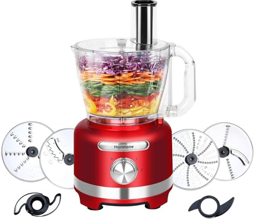 Homtone 16 Cups Food Processor, Extra Large Food Processors for Shredding, Slicing, Doughing and Chopping, 6 Blades 8 Functions for Home Use, 3 Speed, 600W, Red