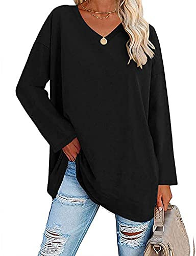 Famulily Black Long T Shirt Loose Tops for Women Ladies Casual V Neck Long Sleeve Oversized T Shirt Tops Black M