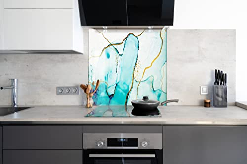 Myphotostation Alcohol ink Tempered Glass Backsplash 43Wx27H'' Blue Abstract Splashback for Kitchen Decor Bathroom Wall Protector Oven Backsplash Panel Tile Glass Cooker Splashback