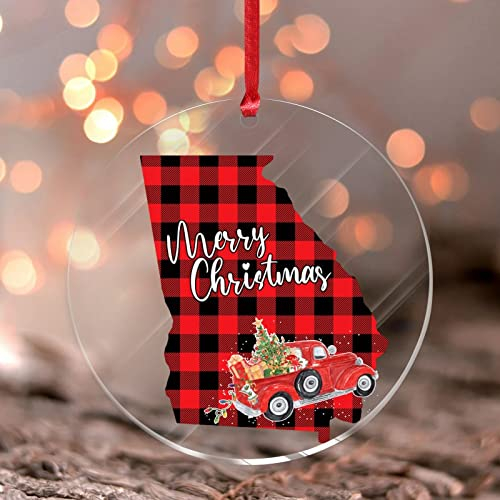 Georgia Hängende Ornamente Roter LKW Auto Staat Runder Weihnachtsbaum Ornament Staatskarte Acryl Weihnachtskugel für Weihnachtsbaumschmuck