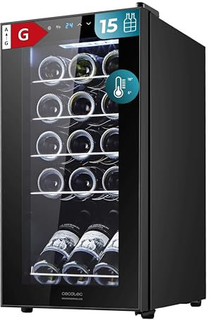Cecotec Cantina Vino 15 bottiglie - Cantinetta Vino GrandSommelier 1550 Black Compressor. 15 bottiglie, compressore silenzioso, temperatura 5-18°C, pannello touch, senza vibrazioni, 39 dB