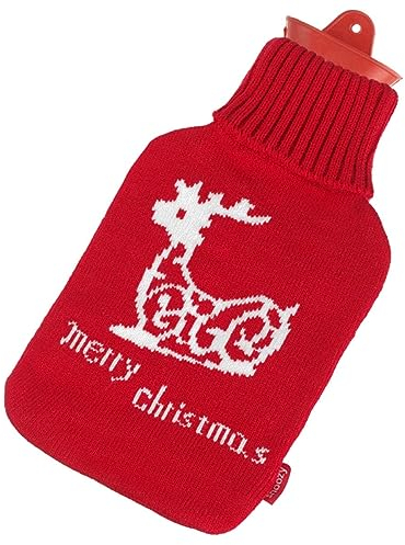 Snoozy® Wärmflasche mit weichen und kuschligen Bezug XXL mit 2 Liter Volumen für langanhaltende Wärme; 100% Naturkautschuk (Merry Christmas)