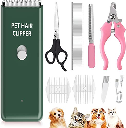 Cussity Professional Cat Grooming Kit-Dog Clipper Set for Pet Hairs, Waterproof Pet Clippers Grooming Kit Rechargeable Pet Hair Clippers Shavers Set for Puppy, Rabbits, Cats,Green