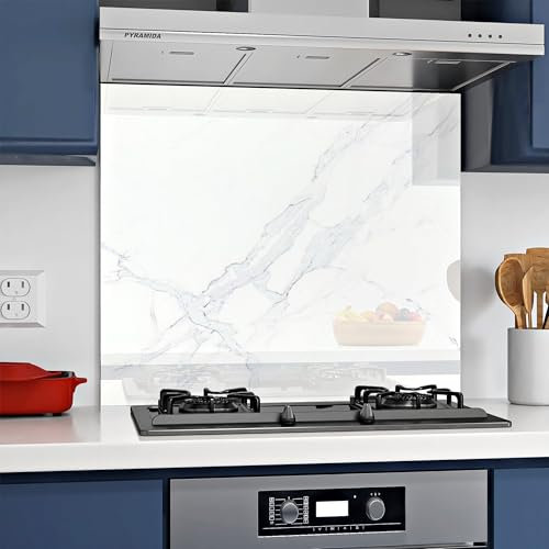 BELOFAY 60x60cm White Marble Tempered Glass Splashback for Kitchen | 6mm Toughened Glass Heat Resistant Hob Splashbacks for Cookers