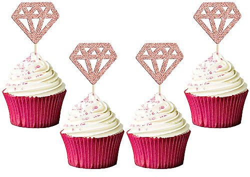 Gyufise 36Pcs Diamond Cupcake Toppers Glitter Diamond Cupcake Picks for Bridal Shower Engagement Wedding Anniversary Birthday Party Cake Decorations Supplies Rose Gold