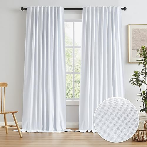 KEQIAOSUOCAI White Linen Full Blackout Curtains for Living Room Track System, Farmhouse Patio Door Pleated Curtains Back Tab Drapes for Country Villa, 1 Pair, 72 Inch Wide 6FT x 96 Inch Long 8FT