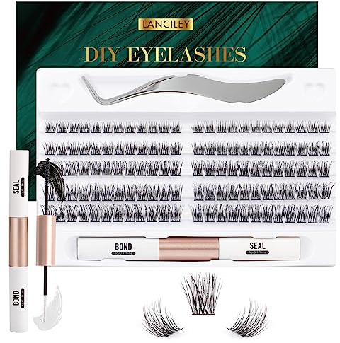Lanciley DIY Lash Extension Kit 120 Cluster Lashes Individual Lashes with Lash Bond and Seal Tweezers Eyelash Extensions Kit Easy to Apply at Home C D Curl Mix 10-16mm - L23