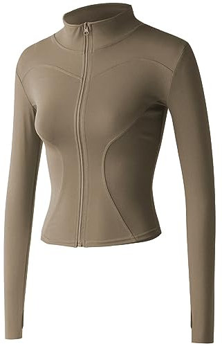 Sukany Women's Slim Fit Lightweight Athletic Full Zip Stretchy Workout Running Track Jacket with Thumb Holes Cocoa L