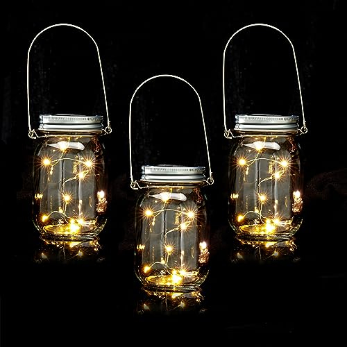 Relaxdays Solar Glas 3er Set, je 8 LEDs im Einmachglas mit Henkel, H x D: 13 x 8 cm, mit Dämmerungssensor, transparent