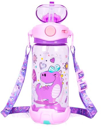 Kids Water Bottle with Straw & Strap for School Kids Girls Boys, 22oz BPA Free Child Drinking Water Bottle One-Click-Open Leak-Proof Locking Flip Lid for Back to School Sport Travel