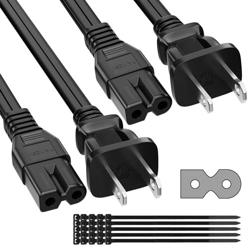 2 Prong AC Power Cord 4 FT (2-Pack), Polarized Cable for Vizio D-E-M-Series HDTV, LED LCD TV, 7A, IEC-60320 IEC320 C7 to NEMA 1-15P, 2 Slot Adapter Universal Replacement Supply Wall Cable with 25 ties