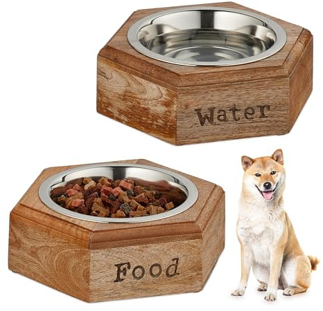 Relaxdays Hunde Napfset, Doppelnapf, 2 Edelstahlnäpfe, 1 l, HBT: 7,5 x 23,5 x 21 cm, Futterbar, Trinknapf, Natur/Silber | HBT: 7,5 x 23,5 x 21 cm, Futterbar, Trinknapf