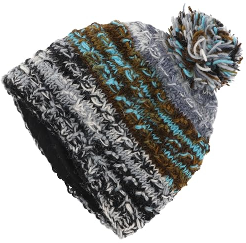 GURU SHOP Handgestrickte Wollmütze, Gestreifte Wintermütze, Bommelmütze, Herren/Damen, Blau/braun, Wolle, Size:One Size