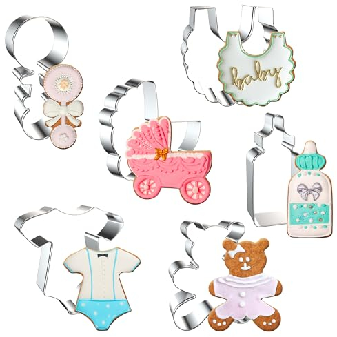 FUSOTO Juego de 6 cortadores de galletas para baby shower, cortador de galletas para baby shower, formas para hornear, babero, mameluco, botella, carruaje, oso, sonajero, cortadores de galletas para
