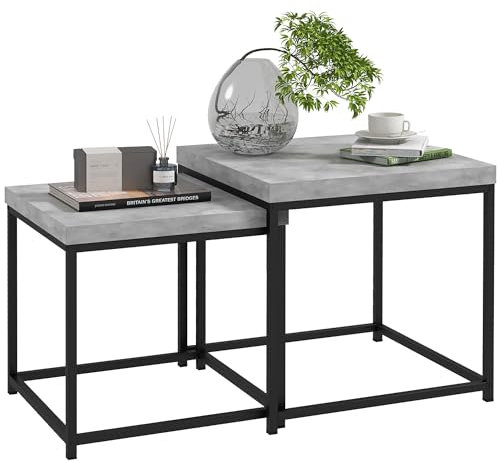 HOMCOM Lot de 2 Tables gigognes Tables Basses carrées pour Salon Cadre en Acier et Plateaux en Bois Gris