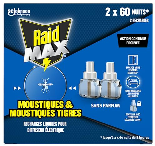 Raid Max Recharges Diffuseur Electrique Liquide - Anti-Moustiques et Moustiques Tigres 60 Nuits - Sans Parfum - 2 Recharges