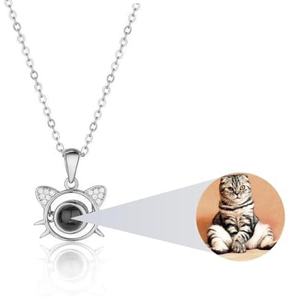 AVINVAN Cat Ornaments Photo Necklace 925 Sterling Silver Personalised Projection Necklace with Picture Inside Customised Memorial Locket Pet Present for Cat Lovers Women Girls