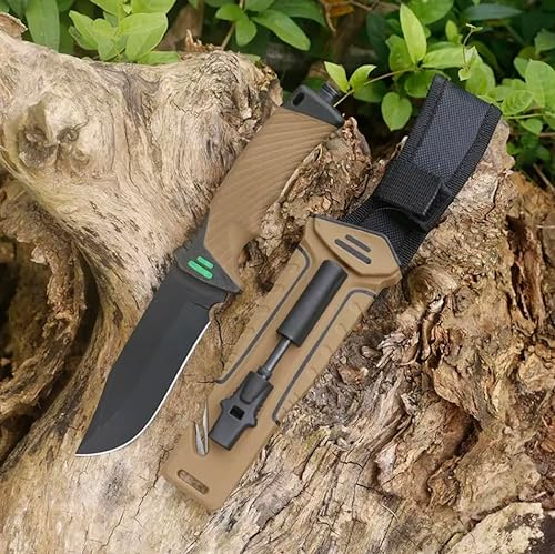 Naifu® The Hunter X Brown Couteau de Survie à Lame Fixe 4 en 1-12 CM Acier Inoxydable Couteau de Chasse Machette Camping Accessoires Allume Feu et Pierre à Aiguisseur Inclus