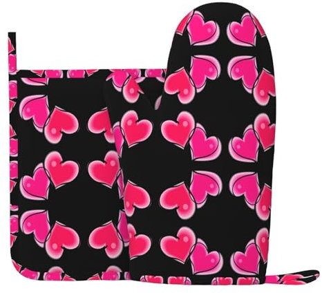 Two Pink Hearts Oven Mitts and Pot Holder 2-Piece Set,for Cooking Barbecue, Pot Lid, Microwave,Heat-Resisting