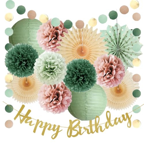 Sage Green and Pink Birthday Decorations Boho Olive Sage Green Dusty Pink Birthday Party Decorations Paper Lanterns Dusty Rose Pom Poms Beige Fans with Banner Gold for Girls Women