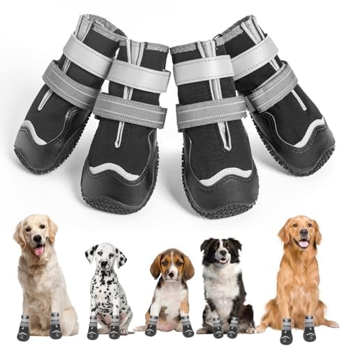 OHCOZZY Wasserdicht Hundeschuhe, Anti-Rutsch Hundestiefel mit reflektierenden Riemen, Verschleißfeste Gummisohle Hundeschuhe Pfotenschutz fürkleine, Mittlere und Große Hunde 4 Stück(XL, Schwarz)