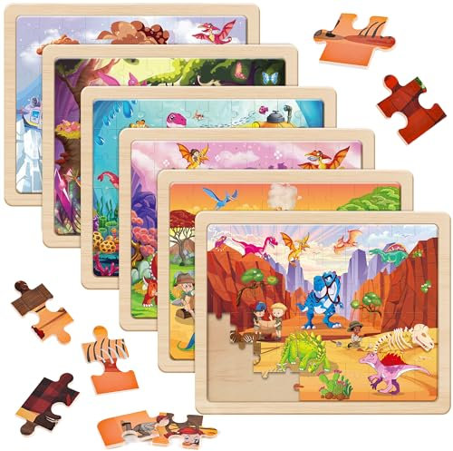SYNARRY Wooden Dinosaur Jigsaw Puzzles for Kids Age 3+, Dinosaur Toys for Boys, 6×60 Piece Children’s Jigsaw Puzzles Gifts Boys Girls