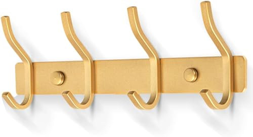 YUET Brass Door Hooks, Towel Hook Stainless Steel Coat Hooks Wall Mounted Screw in Modern Metal Heavy Duty Coat Rack Row of Hooks Hanger Robe Clothes Hat Hook for Bathroom Bedrooms (Gold)
