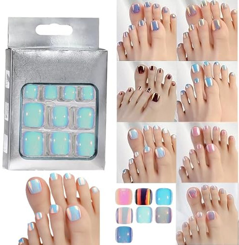 24 Pcs False Toenails Cat Eye Aura Pearlescent Mermaid 2 Glitter Colour Gloss Finish Full Cover Press On False Fake Artificial Toenails