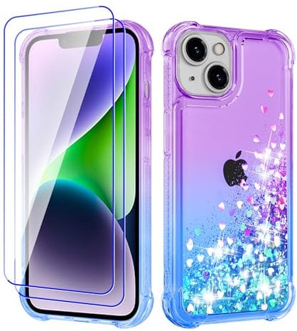 Pilaru Lovely for iPhone 13/14 Case[2 Screen Protector] Clear Liquid Heart Glitter Soft TPU Cover Transparent Girly Shockproof Protective Phone Case for iPhone 13/14,Purple/Teal