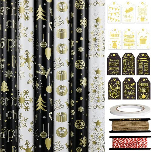 FullJoyHut 6 Rollen Weihnachtsgeschenkpapier je 43cm x 3M - Goldenes Geschenkpapier Weihnachten Rollen Set, Weihnachtspapier mit Geschenkanhänger Geschenkband für Xmas Geschenkverpackung