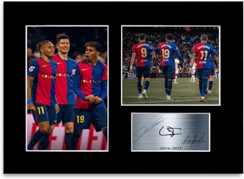 Lamine Yamal Robert Lewandowski Raphinha Fußballspieler A4 gedrucktes Autogramm Foto Display Passepartout Geschenk für Barcelona-Fans