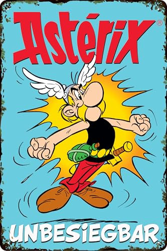 LUCKYLINDE - Retro Blechschild, ASTERIX und OBELIX, französiche kult Comic Serie, Deko Schild, 20 x 30 cm (Asterix – unbesiegbar (blau))