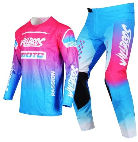 Willbros Jeunesse D'engrenages Moto Combinaison de Pantalons et Jersey Maillot Motocross pour la Compétition Enduro MX Garçon Fille Youth Bleu Rose YL