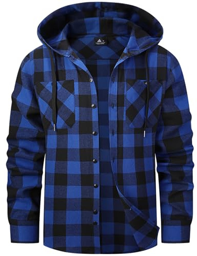 ZITY Men's Lumberjack Shirts Long Sleeve Checked Flannel Tops Casual Plaid Shirts Hoodie Button Down Lumberjack Shirt with Pocket M-3XL Blue