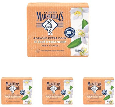 Le Petit Marseillais | Savon Extra Doux Fleur d'Oranger (4 pains de 100 g) – Savon solide mains & corps avec 98% d'ingrédients d'origine naturelle – Emballage en papier recyclable (Lot de 4)