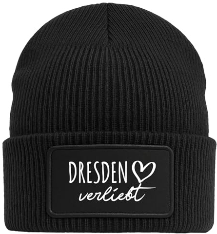 Huuraa Beanie Dresden verliebt Geschenk | Black Geschenkidee Schwarze Rippstrick Wintermütze mit austauschbarem Klett Patch