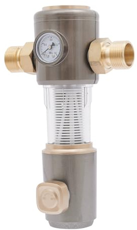 Rückspülfilter 1 Zoll mit Druckminderer – 40µm Edelstahl Vorfilter für Hauswasserwerk, Automatische Spülung, Rost & Sedimentfilter, Hohe Durchflussrate (7T/h), 2.45 Mpa Druckfest (Grau)