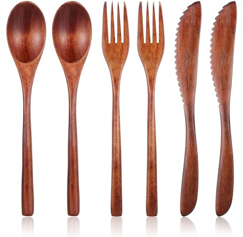 Set di posate in legno da 6 pezzi, stoviglie in legno Nanmu, cucchiai, forchette e raschietti riutilizzabili, set di posate per uso quotidiano, famiglia, casa, viaggi, campeggio