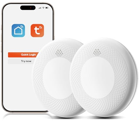Safeliveo Détecteur de fumée WiFi avec Batterie 10 Ans, Notifications Via Application et Auto-Test, Alarme Incendie Intelligente Compatible Tuya & Smart Life, 2 pièce