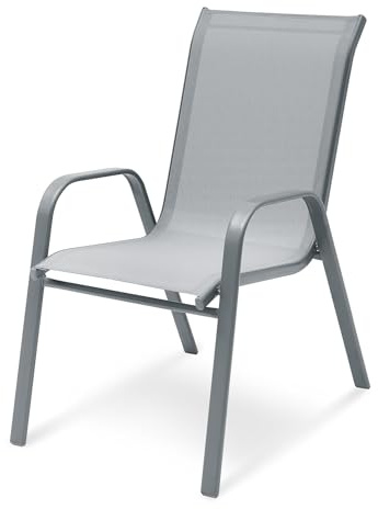 MAT-COMPANY Gartenstuhl Stapelstuhl Hochlehner Grau Stahlgestell pulverbeschichtet Textilene Sitzfläche mit Armlehnen stapelbarer Outdoorstuhl für Garten Terrasse Balkon Wintergarten