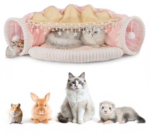 Katzentunnel, 3-in-1 Spieltunnel Katze und Katzenbett mit Hängendem Spielzeug, Katzentunnel XXL Große Katzen mit Abnehmbarem Zelt, Waschbares Kissen, Faltbarer Katzen Tunnel für Welpen Kaninchen
