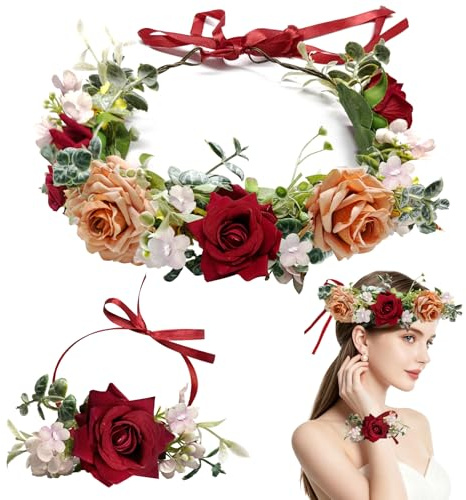 TZEKING Blume Krone,Braut Haarschmuck mit Armband Set,Hochzeitsgirlande Haarkranz mit Verstellbarem Haarband,Blume Krone Stirnband für Braut Damen Mädchen,Haarschmuck für Hochzeit Party Festival