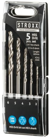 Stroxx HSS-Bohrer-Set HEX 2-6 mm, 5-teilig mit Kunststoffbox, 60 mm Spirallänge