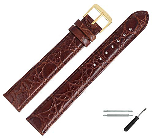 MARBURGER Uhrenarmband 14mm Leder Braun Gold XL Kroko Prägung Mit Naht - Montage Set 6811431000220