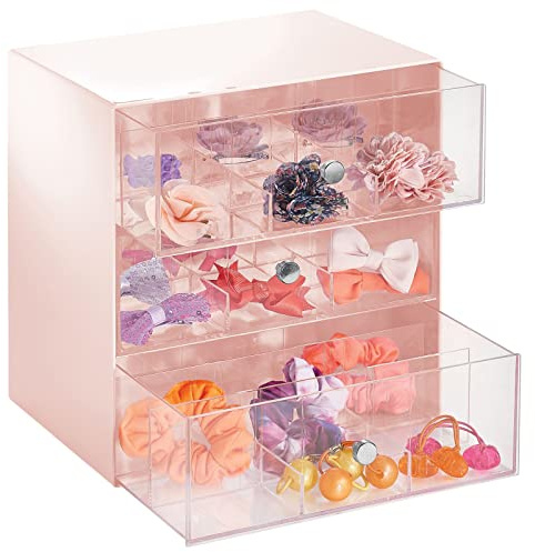 mDesign Schubladen Organizer für Wattepads, Haaraccessoires, Schminke usw. – Kosmetik Aufbewahrung mit 3 Schubladen aus Kunststoff – Aufbewahrungsbox mit 27 Fächern – hellrosa und durchsichtig