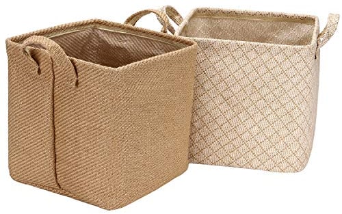 Sea Team Storage Aufbewahrungskörbe aus Jute und Baumwollleinen, faltbar, mit dekorativem Griff, für Zuhause, Toiletry Stationery Sundries Toys, Schmuck, Beige, 26 x 26 x 26 cm, 2 Stück