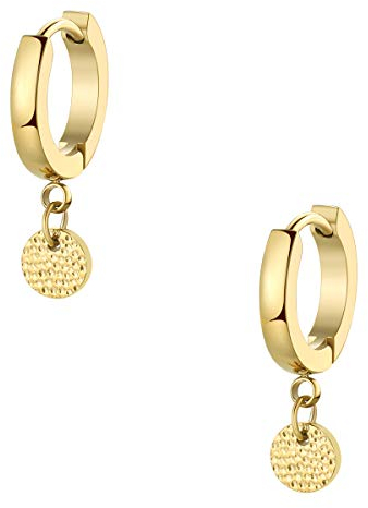 Happiness Boutique Damen Creolen mit Plättchen Anhänger Runde Ohrringe Kreis Geometrischer Edelstahlschmuck in Goldfarbe