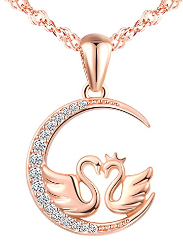 MicVivien Collier en Argent Sterling 925, Pendentif Cygnes et Lune Délicat Pour Femme Fille, Plaqué Or Rose, Chaîne 45cm